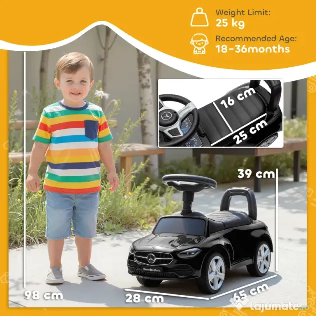 AIYAPLAY Mașinuță Electrică pentru Copii Licență Mercedes Benz cu Claxon și Spațiu Portaoggetti, 65x28x39 cm, Negru | Aosom Romania