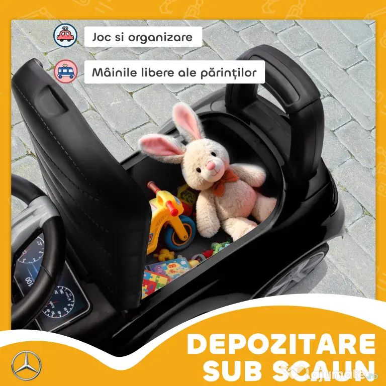 AIYAPLAY Mașinuță Electrică pentru Copii Licență Mercedes Benz cu Claxon și Spațiu Portaoggetti, 65x28x39 cm, Negru | Aosom Romania