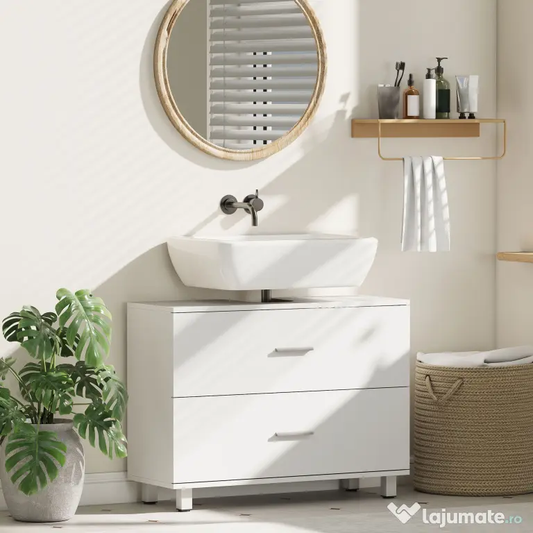 HOMCOM Dulap Sottolavabo pentru Baie cu 2 Sertare, Dulap Modern și Economisitor de Spațiu, 80x30x60 cm, Alb | Aosom Romania