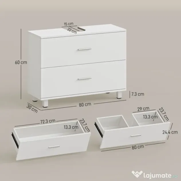 HOMCOM Dulap Sottolavabo pentru Baie cu 2 Sertare, Dulap Modern și Economisitor de Spațiu, 80x30x60 cm, Alb | Aosom Romania