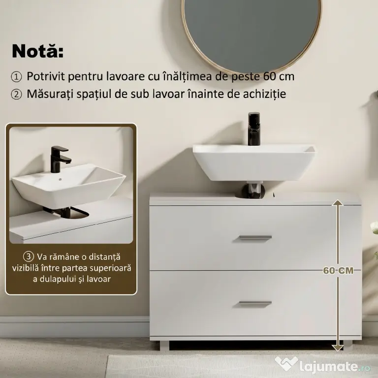 HOMCOM Dulap Sottolavabo pentru Baie cu 2 Sertare, Dulap Modern și Economisitor de Spațiu, 80x30x60 cm, Alb | Aosom Romania