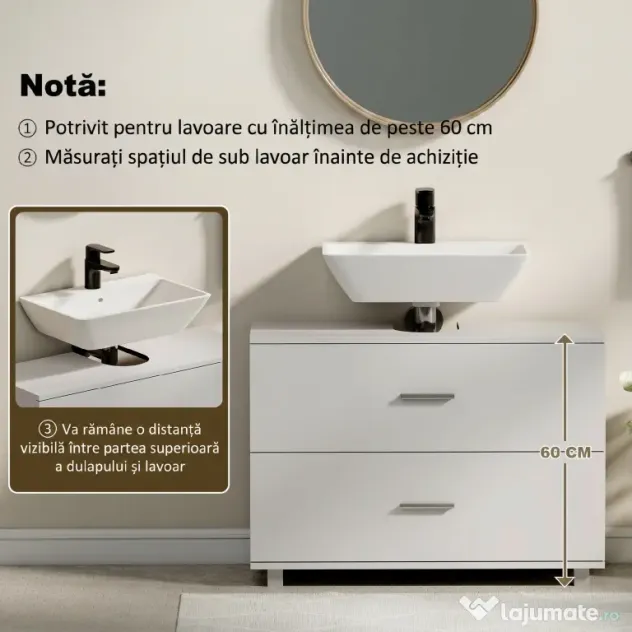 HOMCOM Dulap Sottolavabo pentru Baie cu 2 Sertare, Dulap Modern și Economisitor de Spațiu, 80x30x60 cm, Alb | Aosom Romania