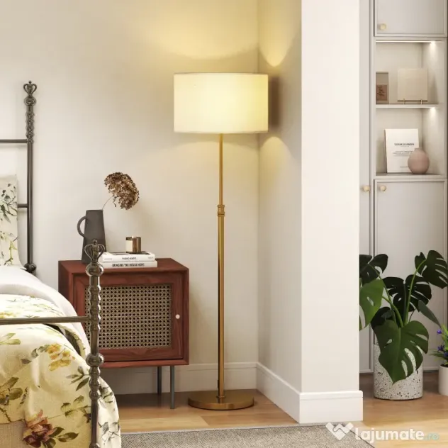 HOMCOM Lampă de Podea cu Telecomandă și Luminozitate Reglabilă 3000K-6000K, Abajur din Material Textil, Auriu | Aosom Romania