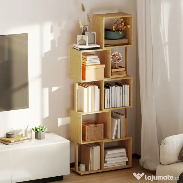 HOMCOM Bibliotecă Modernă Asimetrică cu 5 Rafturi din Bambus, 62,5 x 23 x 165 cm, Culoare Lemn Natural