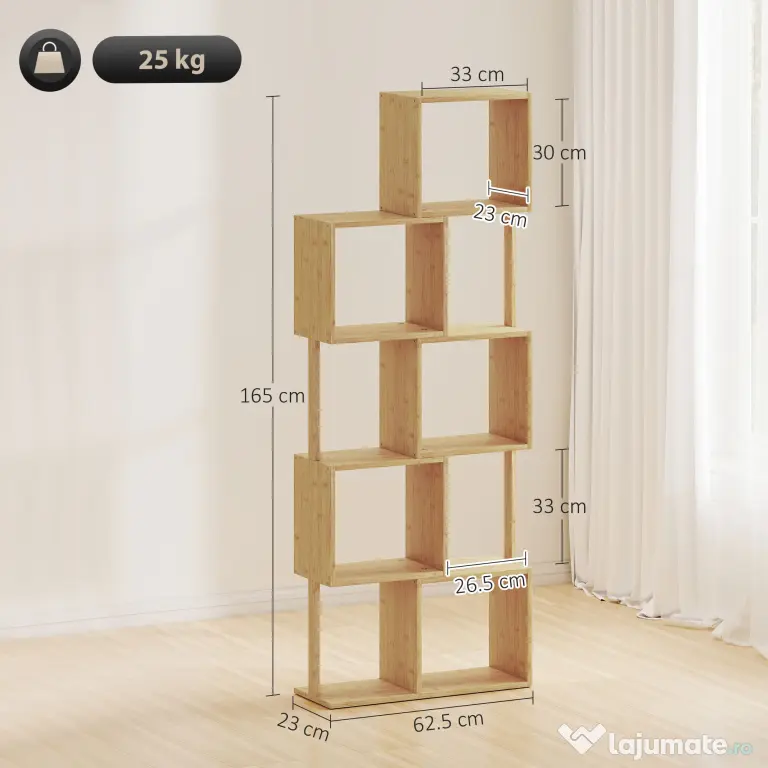 HOMCOM Bibliotecă Modernă Asimetrică cu 5 Rafturi din Bambus, 62,5 x 23 x 165 cm, Culoare Lemn Natural