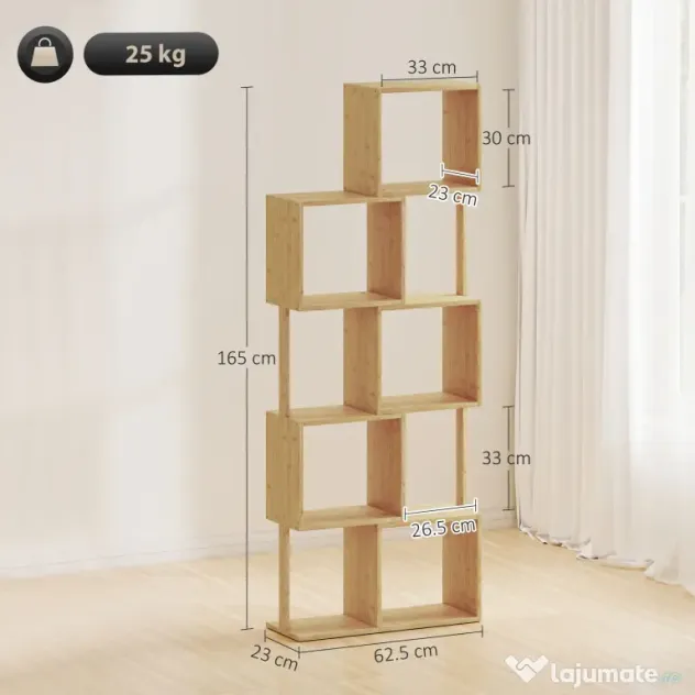 HOMCOM Bibliotecă Modernă Asimetrică cu 5 Rafturi din Bambus, 62,5 x 23 x 165 cm, Culoare Lemn Natural