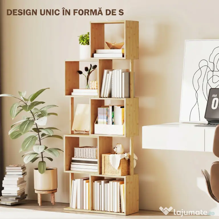 HOMCOM Bibliotecă Modernă Asimetrică cu 5 Rafturi din Bambus, 62,5 x 23 x 165 cm, Culoare Lemn Natural