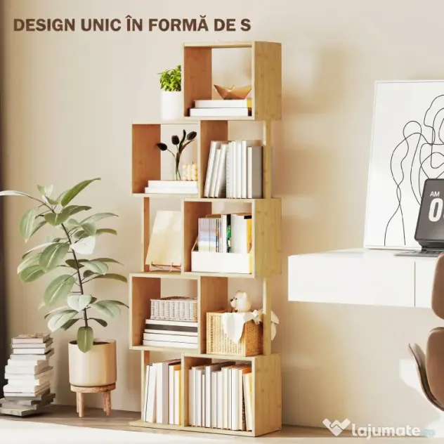 HOMCOM Bibliotecă Modernă Asimetrică cu 5 Rafturi din Bambus, 62,5 x 23 x 165 cm, Culoare Lemn Natural