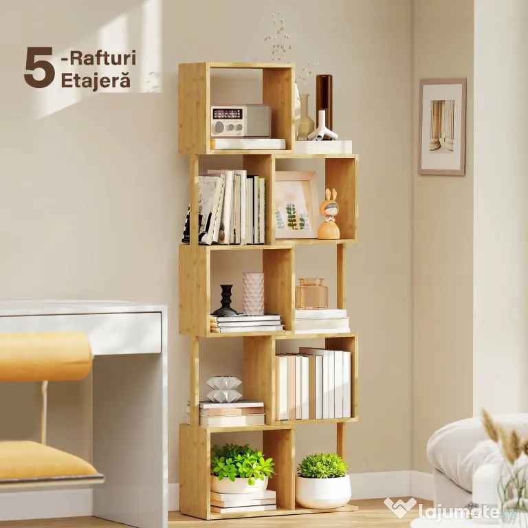 HOMCOM Bibliotecă Modernă Asimetrică cu 5 Rafturi din Bambus, 62,5 x 23 x 165 cm, Culoare Lemn Natural