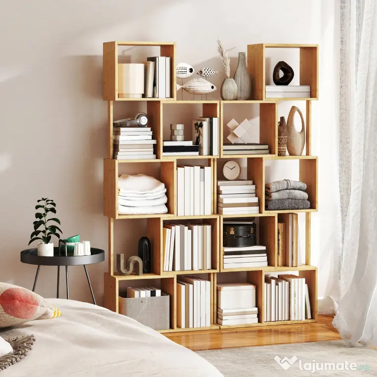 HOMCOM Bibliotecă Modernă Asimetrică cu 5 Rafturi din Bambus, 62,5 x 23 x 165 cm, Culoare Lemn Natural