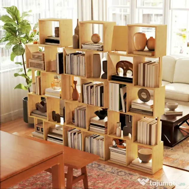 HOMCOM Bibliotecă Modernă Asimetrică cu 5 Rafturi din Bambus, 62,5 x 23 x 165 cm, Culoare Lemn Natural