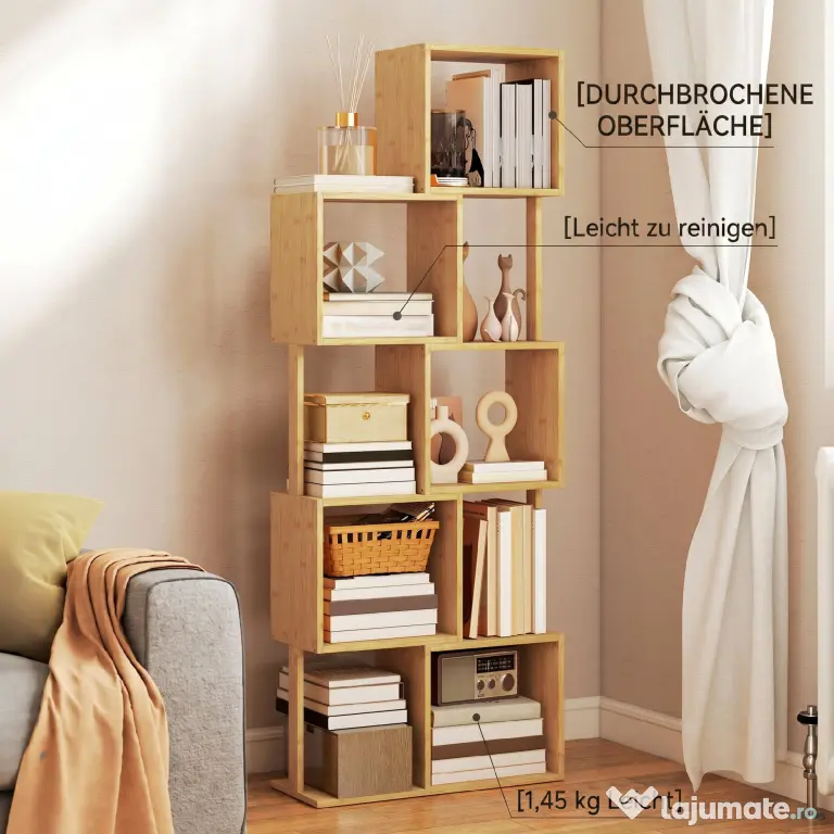 HOMCOM Bibliotecă Modernă Asimetrică cu 5 Rafturi din Bambus, 62,5 x 23 x 165 cm, Culoare Lemn Natural