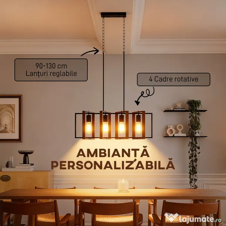 HOMCOM Candelabru Suspendat Rustic cu 4 Cadre Rotative și Lanț Reglabil, 80x21x90-130 cm, Negru și Maro