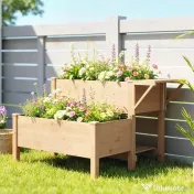 Outsunny Jardinieră Înălțată pe 2 Niveluri cu Rafturi Laterale și Inferior, Fabricată din Lemn de Brad cu Căptușeală și Orificii de Drenare, pentru Flori și Legume, 119,5x102x76,5cm, Maro Deschis | Aosom Romania