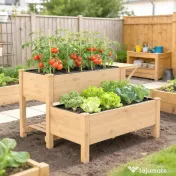 Outsunny Jardinieră Înălțată pe 2 Niveluri cu Rafturi Laterale și Inferior, Fabricată din Lemn de Brad cu Căptușeală și Orificii de Drenare, pentru Flori și Legume, 119,5x102x76,5cm, Maro Deschis | Aosom Romania