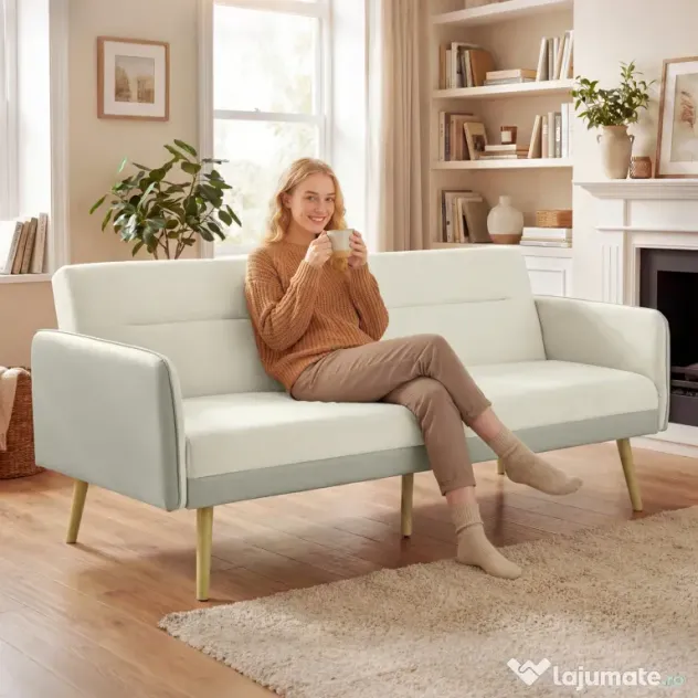 HOMCOM Canapea Extensibilă 3 Locuri Convertibilă cu Cotiere din PU, Colțar Reclinabil Clic Clac în Catifea cu Picioare Metalice și Cadru din Lemn, pentru Living sau Dormitor, 185x84x83 cm, Bej | Aosom Romania