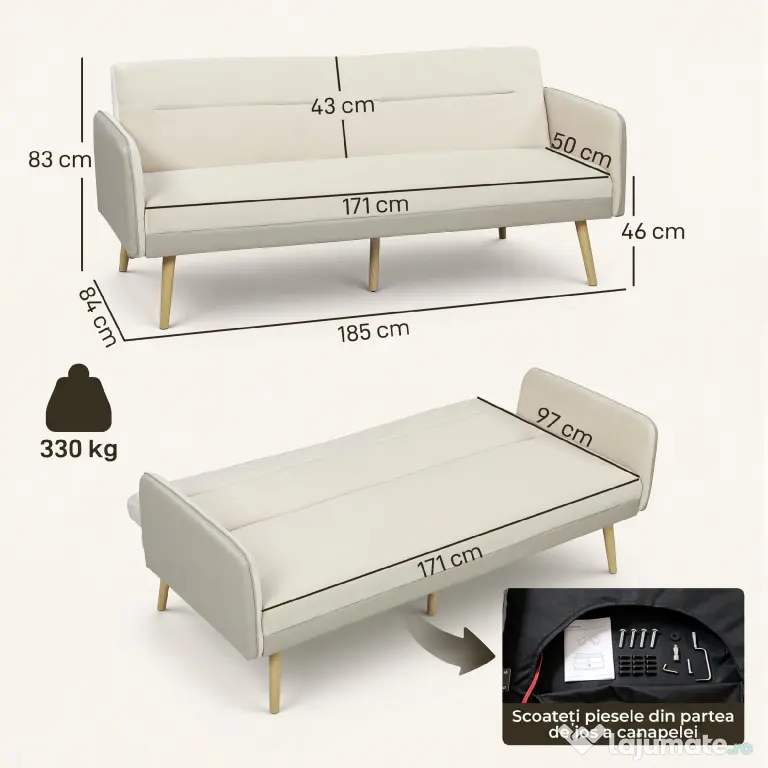HOMCOM Canapea Extensibilă 3 Locuri Convertibilă cu Cotiere din PU, Colțar Reclinabil Clic Clac în Catifea cu Picioare Metalice și Cadru din Lemn, pentru Living sau Dormitor, 185x84x83 cm, Bej | Aosom Romania