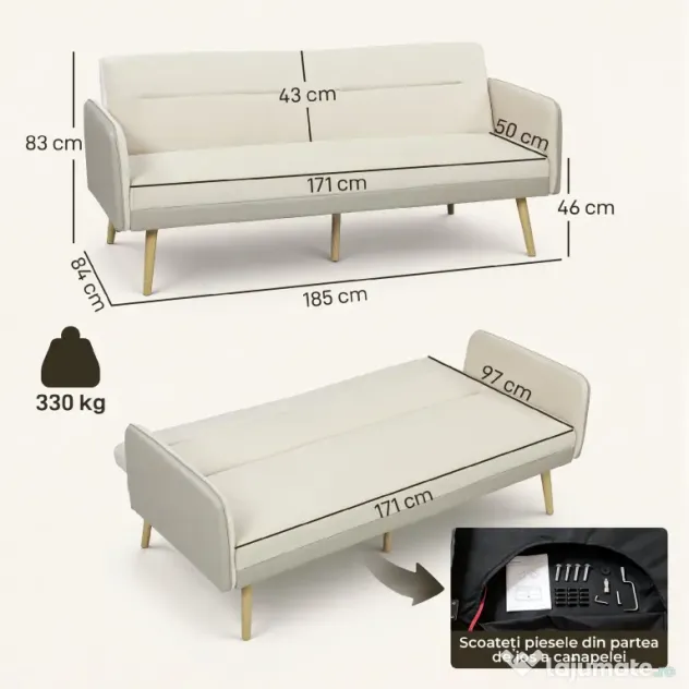 HOMCOM Canapea Extensibilă 3 Locuri Convertibilă cu Cotiere din PU, Colțar Reclinabil Clic Clac în Catifea cu Picioare Metalice și Cadru din Lemn, pentru Living sau Dormitor, 185x84x83 cm, Bej | Aosom Romania