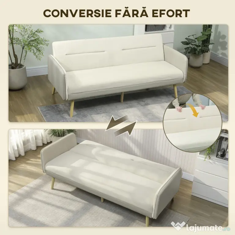 HOMCOM Canapea Extensibilă 3 Locuri Convertibilă cu Cotiere din PU, Colțar Reclinabil Clic Clac în Catifea cu Picioare Metalice și Cadru din Lemn, pentru Living sau Dormitor, 185x84x83 cm, Bej | Aosom Romania