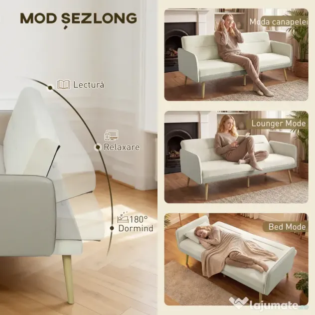 HOMCOM Canapea Extensibilă 3 Locuri Convertibilă cu Cotiere din PU, Colțar Reclinabil Clic Clac în Catifea cu Picioare Metalice și Cadru din Lemn, pentru Living sau Dormitor, 185x84x83 cm, Bej | Aosom Romania