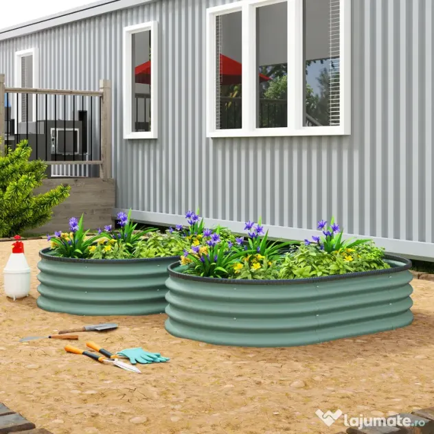 Outsunny Set de 2 Jardiniere Înălțate Modulare, Ghivece de Grădină cu Margine din Cauciuc, Fund Deschis, Jardiniere Înălțate din Oțel Galvanizat pentru Plante Aromatice, Fructe, Legume și Flori, 135x90x30 cm, Verde | Aosom Romania