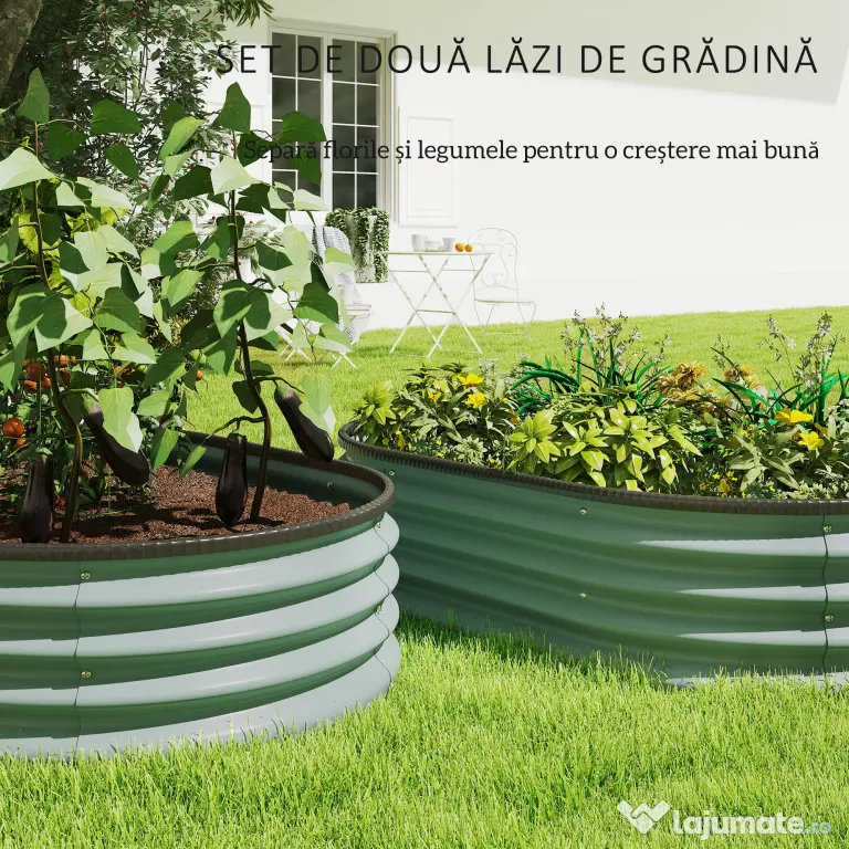 Outsunny Set de 2 Jardiniere Înălțate Modulare, Ghivece de Grădină cu Margine din Cauciuc, Fund Deschis, Jardiniere Înălțate din Oțel Galvanizat pentru Plante Aromatice, Fructe, Legume și Flori, 135x90x30 cm, Verde | Aosom Romania