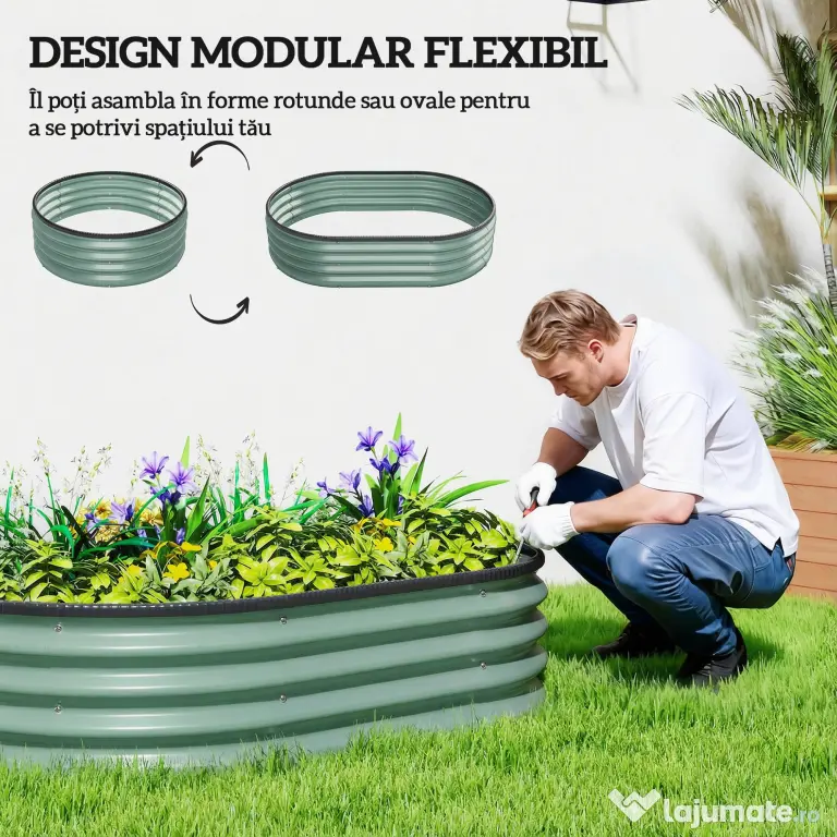 Outsunny Set de 2 Jardiniere Înălțate Modulare, Ghivece de Grădină cu Margine din Cauciuc, Fund Deschis, Jardiniere Înălțate din Oțel Galvanizat pentru Plante Aromatice, Fructe, Legume și Flori, 135x90x30 cm, Verde | Aosom Romania