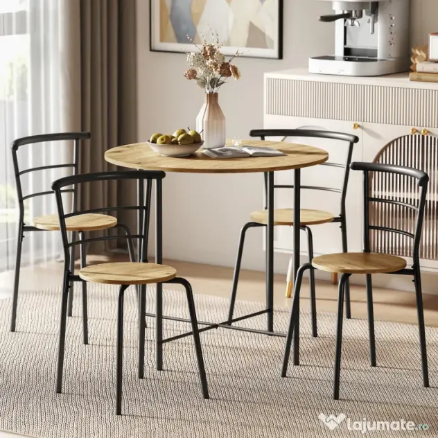 HOMCOM Set Masă Rotundă de Dining cu 4 Scaune Economisitor de Spațiu în Lemn și Metal Stil Industrial | Aosom Romania