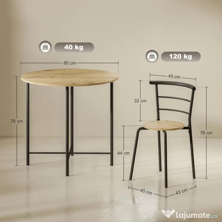 HOMCOM Set Masă Rotundă de Dining cu 4 Scaune Economisitor de Spațiu în Lemn și Metal Stil Industrial | Aosom Romania