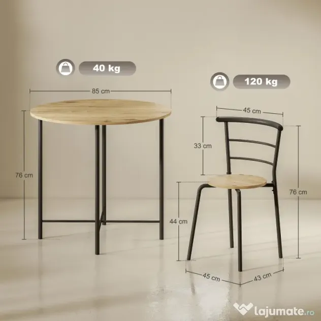 HOMCOM Set Masă Rotundă de Dining cu 4 Scaune Economisitor de Spațiu în Lemn și Metal Stil Industrial | Aosom Romania