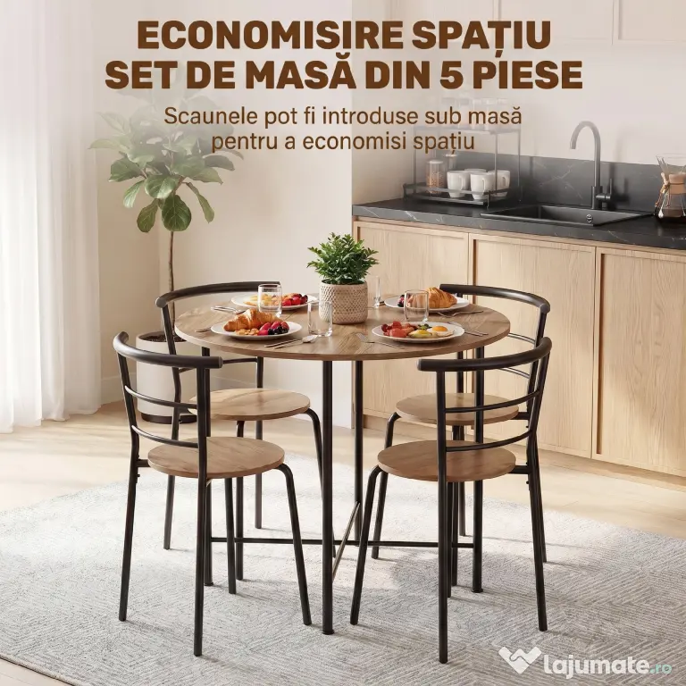 HOMCOM Set Masă Rotundă de Dining cu 4 Scaune Economisitor de Spațiu în Lemn și Metal Stil Industrial | Aosom Romania