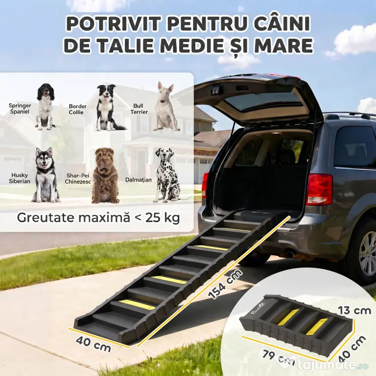 PawHut Rampă Pliabilă pentru Câini pentru Mașini și Paturi Înalte, Scară Portabilă cu 10 Trepte Antiderapante, Ușoară, Suportă Până la 68 kg, Negru | Aosom Romania