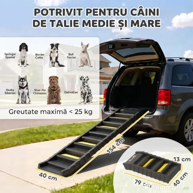 PawHut Rampă Pliabilă pentru Câini pentru Mașini și Paturi Înalte, Scară Portabilă cu 10 Trepte Antiderapante, Ușoară, Suportă Până la 68 kg, Negru | Aosom Romania