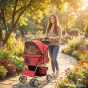 PawHut Cărucior pentru Câini Pliabil cu Benzi Reflectorizante, Roți Rotative, Frâne și Pernuță Lavabilă, Roșu | Aosom Romania 
