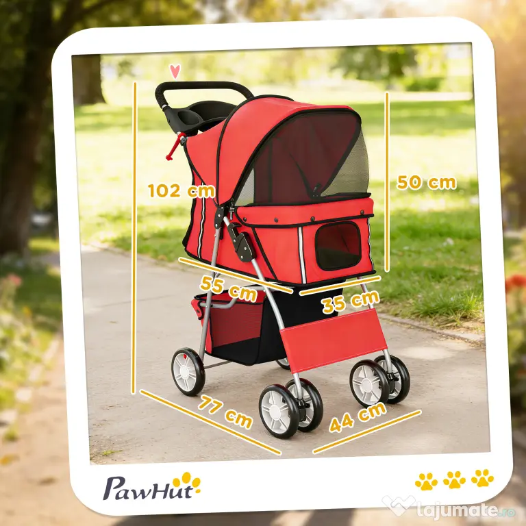 PawHut Cărucior pentru Câini Pliabil cu Benzi Reflectorizante, Roți Rotative, Frâne și Pernuță Lavabilă, Roșu | Aosom Romania