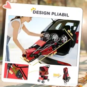 PawHut Cărucior pentru Câini Pliabil cu Benzi Reflectorizante, Roți Rotative, Frâne și Pernuță Lavabilă, Roșu | Aosom Romania 
