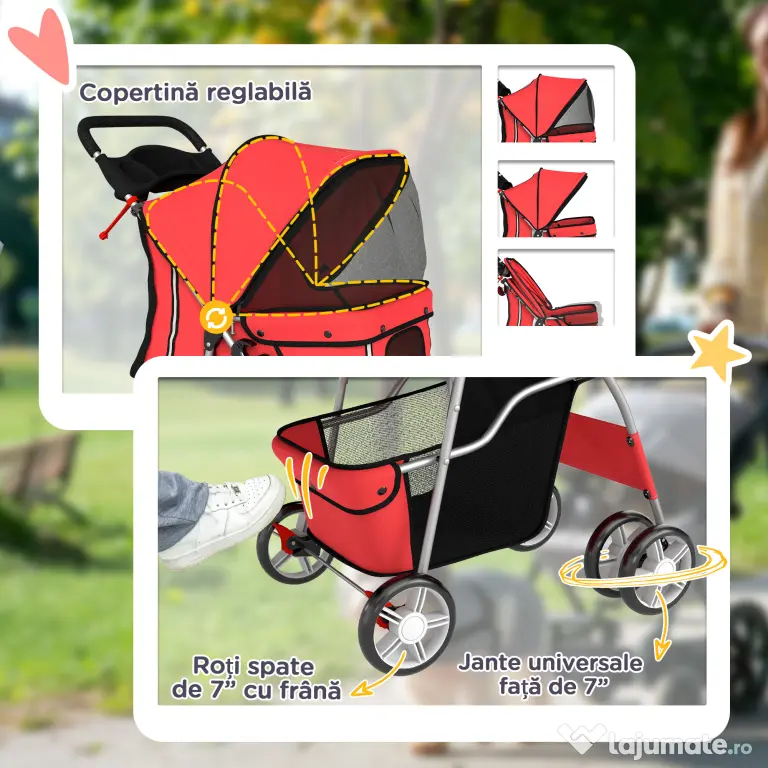 PawHut Cărucior pentru Câini Pliabil cu Benzi Reflectorizante, Roți Rotative, Frâne și Pernuță Lavabilă, Roșu | Aosom Romania