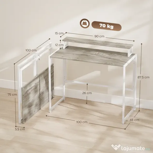 HOMCOM Masă Pliabilă Economisitoare de Spațiu cu Suport Detasabil pentru Monitor, 100x48x87,5 cm, Masă Portabilă pentru Birou, Casă și Studio, Culoare Lemn | Aosom Romania