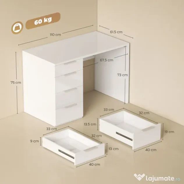 HOMCOM Birou Compact, 110x61.5x75 cm Birou Modern cu 4 Sertare, Masă pentru Computer, Cameră și Birou, Alb Lucios | Aosom Romania