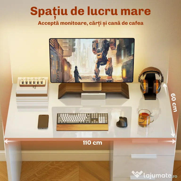 HOMCOM Birou Compact, 110x61.5x75 cm Birou Modern cu 4 Sertare, Masă pentru Computer, Cameră și Birou, Alb Lucios | Aosom Romania