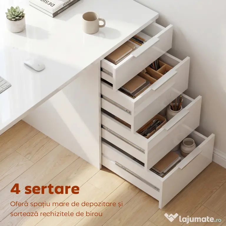 HOMCOM Birou Compact, 110x61.5x75 cm Birou Modern cu 4 Sertare, Masă pentru Computer, Cameră și Birou, Alb Lucios | Aosom Romania