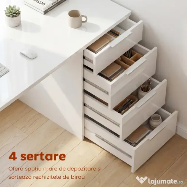 HOMCOM Birou Compact, 110x61.5x75 cm Birou Modern cu 4 Sertare, Masă pentru Computer, Cameră și Birou, Alb Lucios | Aosom Romania