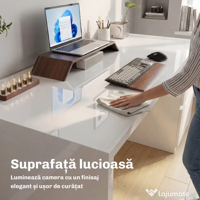HOMCOM Birou Compact, 110x61.5x75 cm Birou Modern cu 4 Sertare, Masă pentru Computer, Cameră și Birou, Alb Lucios | Aosom Romania
