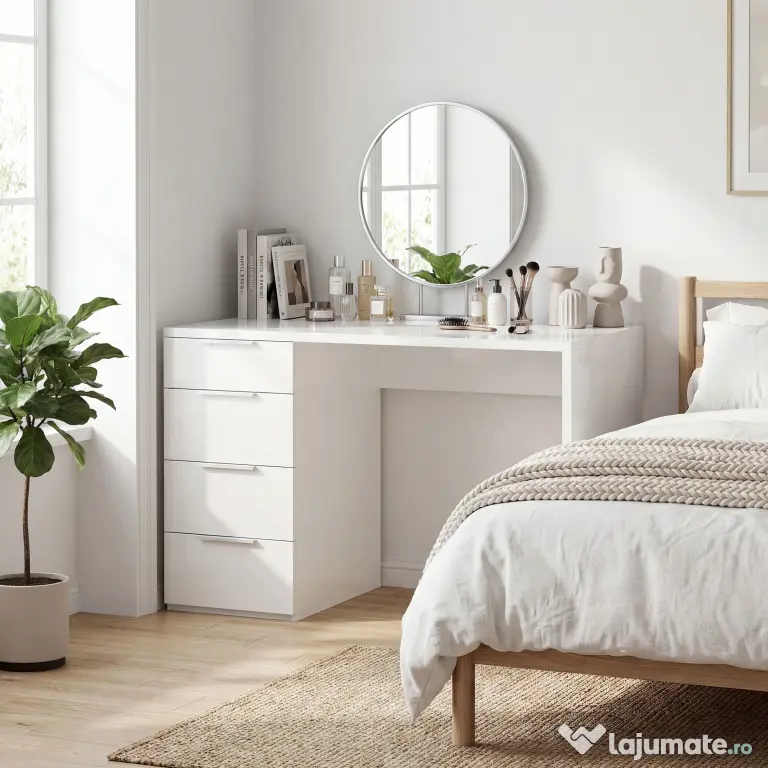 HOMCOM Birou Compact, 110x61.5x75 cm Birou Modern cu 4 Sertare, Masă pentru Computer, Cameră și Birou, Alb Lucios | Aosom Romania