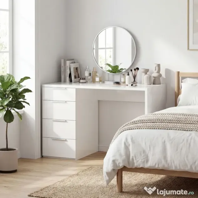 HOMCOM Birou Compact, 110x61.5x75 cm Birou Modern cu 4 Sertare, Masă pentru Computer, Cameră și Birou, Alb Lucios | Aosom Romania