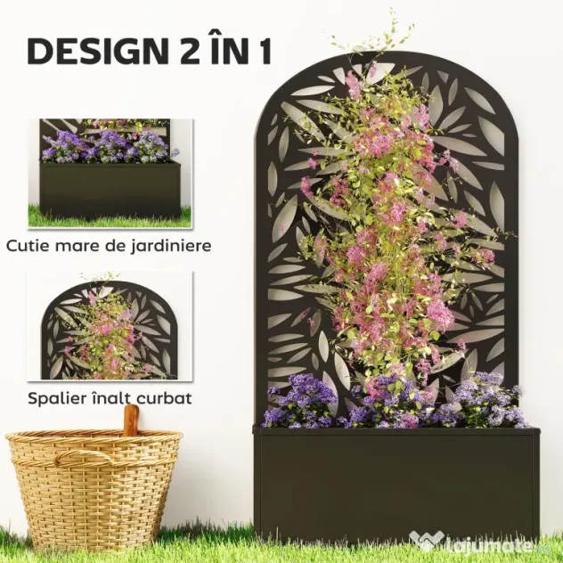 Outsunny Jardiniere Ridicată pentru Grădină și Balcon cu Spalier Arcuit Decorat cu Frunze, pentru Flori și Legume, Montare pe Perete sau Utilizare Independentă, Negru | Aosom Romania