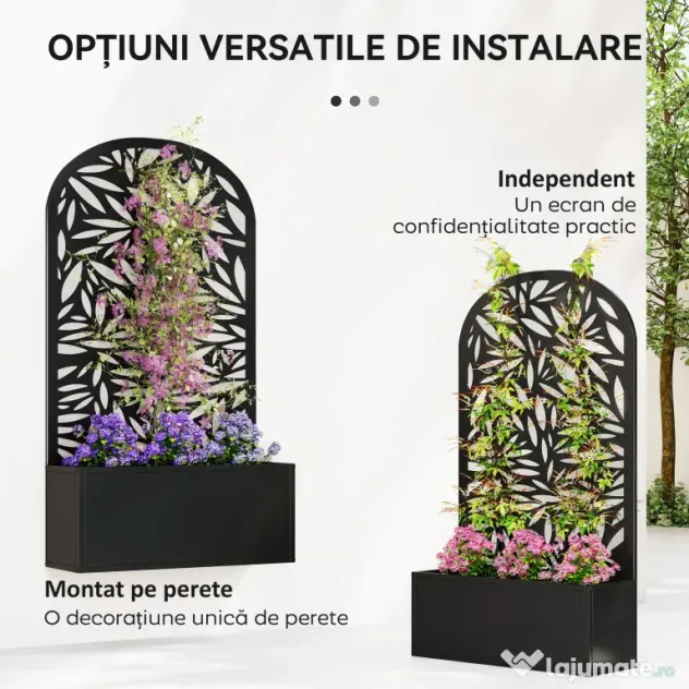 Outsunny Jardiniere Ridicată pentru Grădină și Balcon cu Spalier Arcuit Decorat cu Frunze, pentru Flori și Legume, Montare pe Perete sau Utilizare Independentă, Negru | Aosom Romania