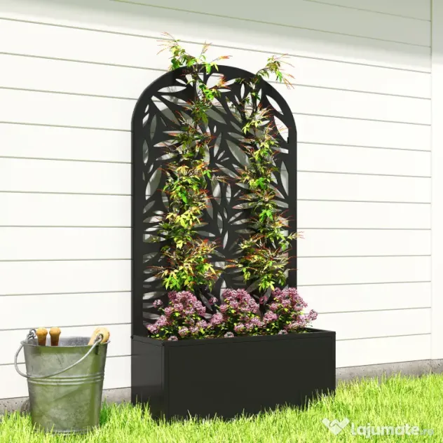 Outsunny Jardiniere Ridicată pentru Grădină și Balcon cu Spalier Arcuit Decorat cu Frunze, pentru Flori și Legume, Montare pe Perete sau Utilizare Independentă, Negru | Aosom Romania