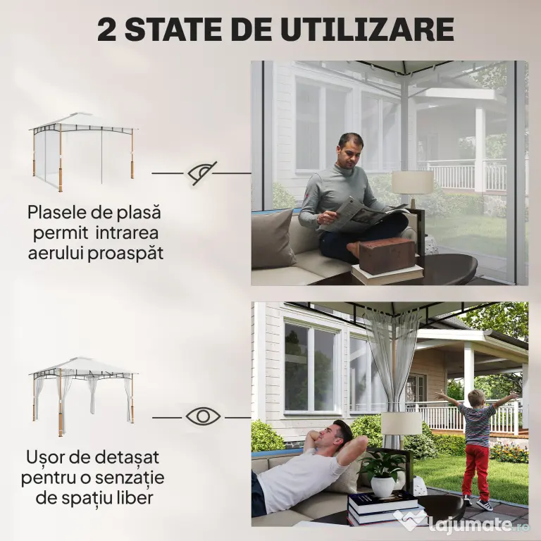 Outsunny Foișor 3 x 3.6 m, Acoperiș Dublu UPF50+ cu Plasă, Crem | Aosom Romania