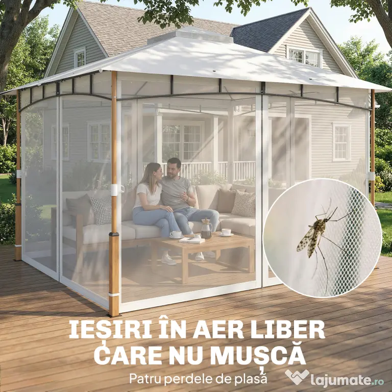 Outsunny Foișor 3 x 3.6 m, Acoperiș Dublu UPF50+ cu Plasă, Crem | Aosom Romania